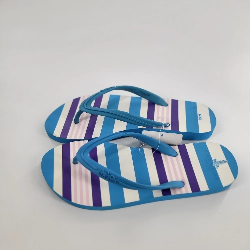 Coach Clementine Azure Blue Striped Rubber Flip‎ Flops Size 9